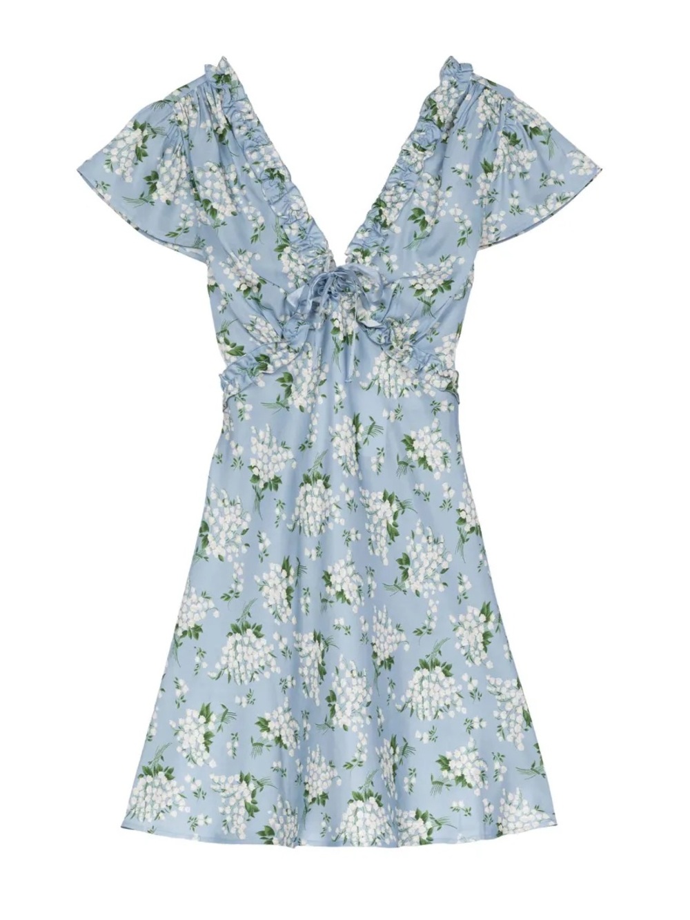 Doen Tayla Silk Ruffle V Neck Short Sleeve Mini Dress Sky May Bell Floral Blue - Picture 12 of 13